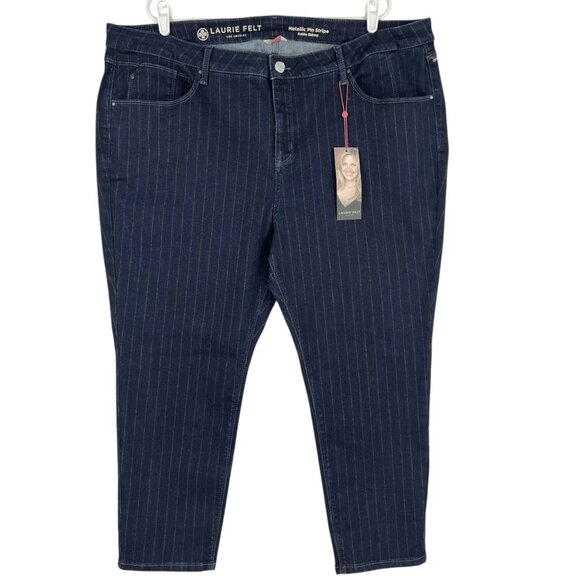 Laurie Felt Women Metallic Pinstripe Ankle Skinny Navy Jeans 26WP Mid-Rise NWT - Picture 1 of 12